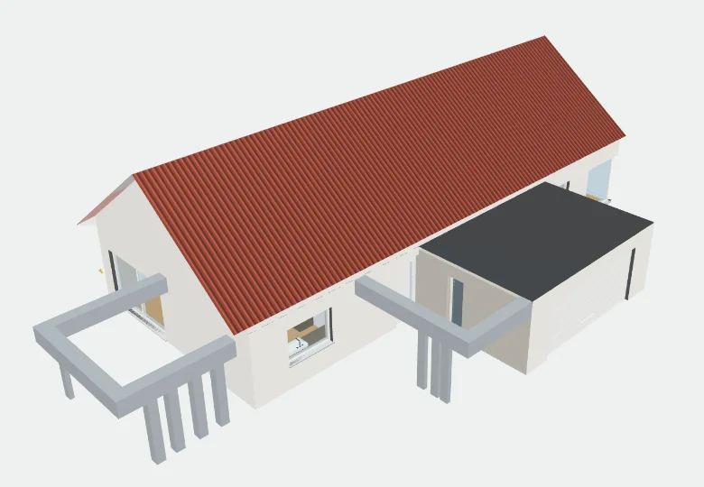 Model 3D domu z dachem, garażem i tarasami w KERNAL BUILD