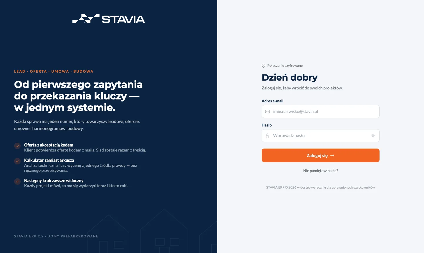 Ekran logowania dedykowanego systemu ERP STAVII: lead, oferta, umowa, budowa w jednym systemie