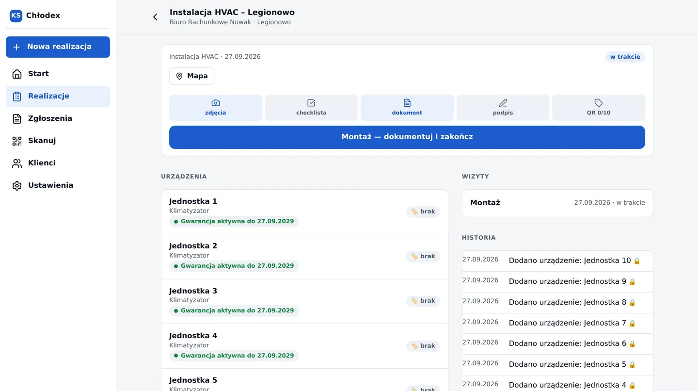 KERNAL SERVICE na komputerze: realizacja z urządzeniami, gwarancjami, wizytami i historią zmian
