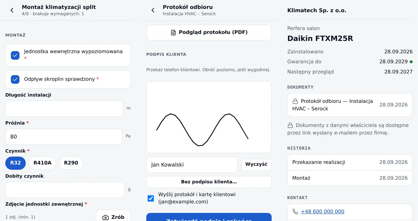 Trzy ekrany KERNAL SERVICE: checklista montażu, podpis klienta pod protokołem i karta urządzenia otwarta z kodu QR