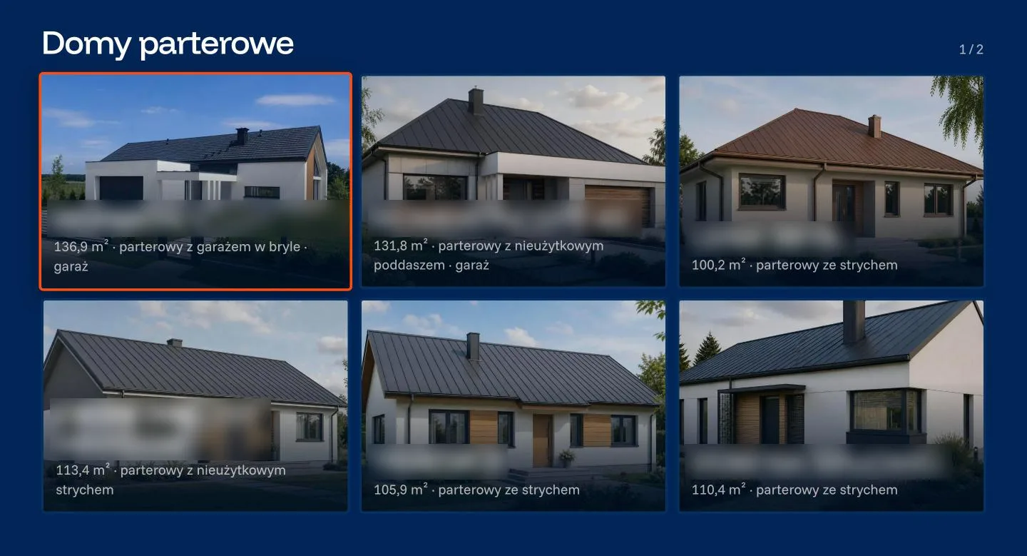 Ekran KERNAL TV: siatka projektów domów z powierzchnią i typem, wybór pilotem